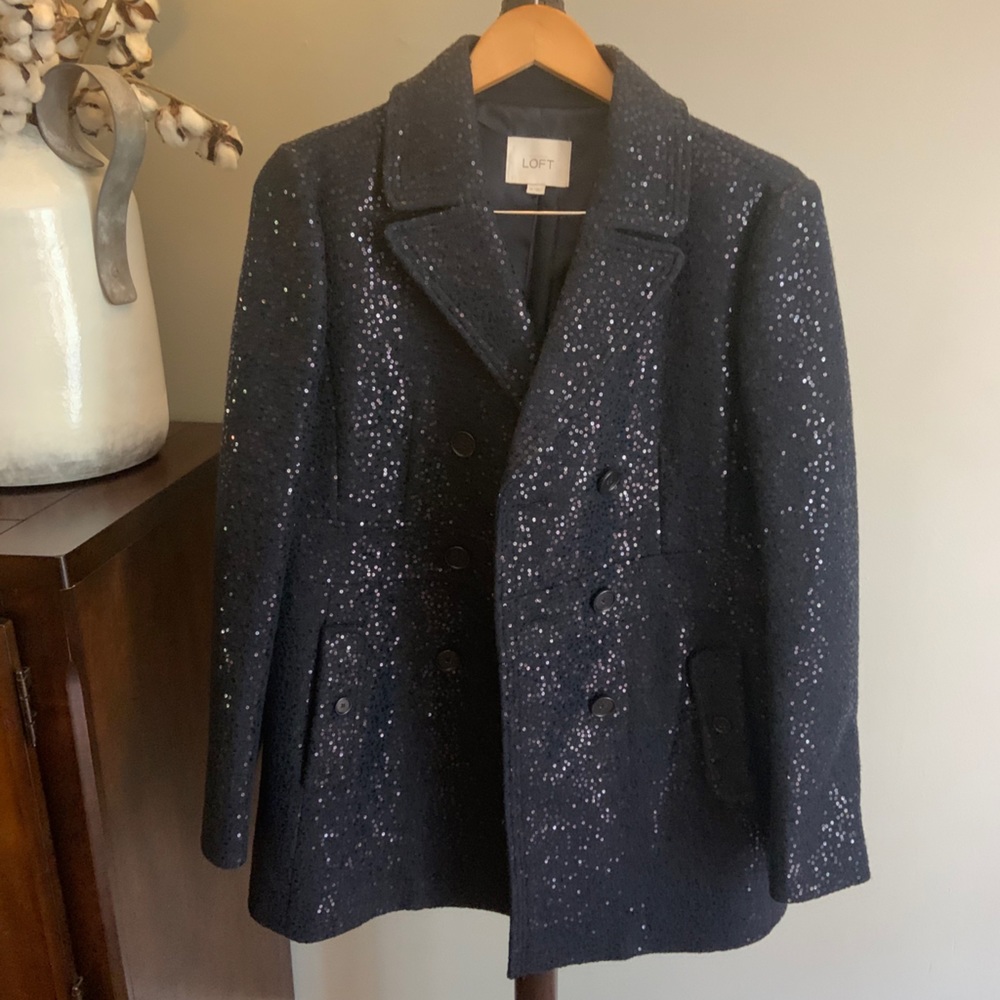 Ann Taylor LOFT Sequin Navy Wool Pea Coat 10